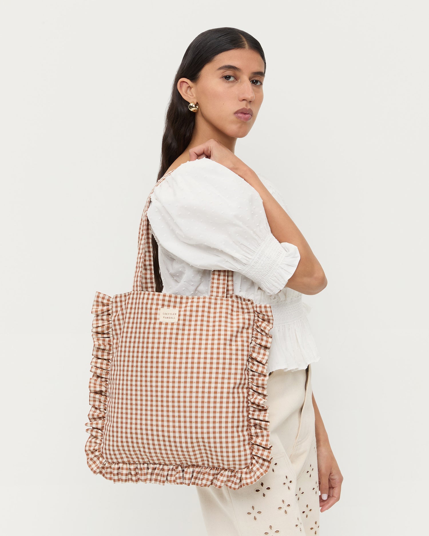 Loeffler Randall Justine Brown Gingham Ruffle Tote