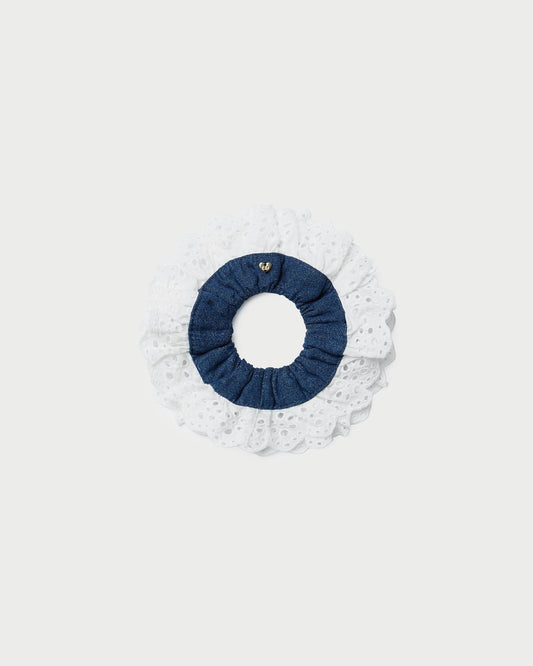 Loeffler Randall Dolly Denim/Cream Embroidered Scrunchie